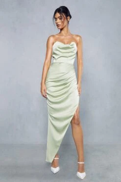 Premium Satin Corseted Asymmetric Maxi Dress -Dress Sales Store green premium satin corseted asymmetric maxi dress 3