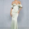 Premium Satin Corseted Bardot Frill Maxi Dress -Dress Sales Store green premium satin corseted bardot frill maxi dress