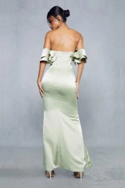 Premium Satin Corseted Bardot Frill Maxi Dress -Dress Sales Store green premium satin corseted bardot frill maxi dress 2