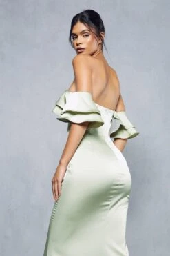 Premium Satin Corseted Bardot Frill Maxi Dress -Dress Sales Store green premium satin corseted bardot frill maxi dress 4