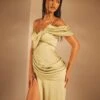 Premium Satin Draped Off The Shoulder Maxi Dress -Dress Sales Store green premium satin draped off the shoulder maxi dress