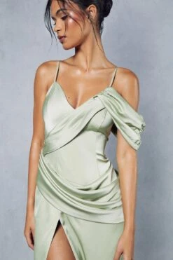 Premium Satin Draped Off The Shoulder Maxi Dress -Dress Sales Store green premium satin draped off the shoulder maxi dress 5
