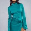 Satin High Neck Knot Skirt Mini Dress -Dress Sales Store green satin high neck knot skirt mini dress
