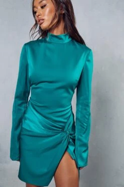 Satin High Neck Knot Skirt Mini Dress 12 Satin High Neck Knot Skirt Mini Dress -Dress Sales Store green satin high neck knot skirt mini dress 4