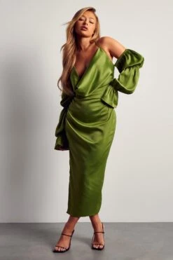 Alisha LeMay Satin Puff Sleeve Cowl Neck Midi Dress -Dress Sales Store green satin puff sleeve cowl neck midi dress 2