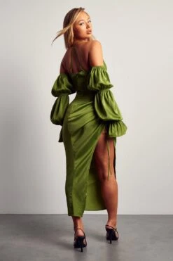 Alisha LeMay Satin Puff Sleeve Cowl Neck Midi Dress -Dress Sales Store green satin puff sleeve cowl neck midi dress 3