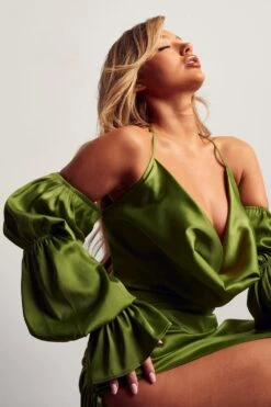 Alisha LeMay Satin Puff Sleeve Cowl Neck Midi Dress -Dress Sales Store green satin puff sleeve cowl neck midi dress 5