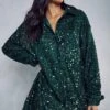 Sequin Oversized Shirt Dress -Dress Sales Store green sequin oversized shirt dress