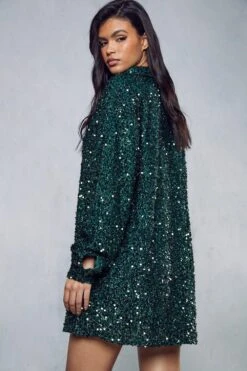Sequin Oversized Shirt Dress -Dress Sales Store green sequin oversized shirt dress 2