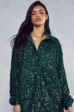 Sequin Oversized Shirt Dress -Dress Sales Store green sequin oversized shirt dress 4