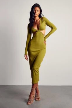 Soft Rib Cut Out Knot Front Maxi Dress -Dress Sales Store green soft rib cut out knot front maxi dress 4