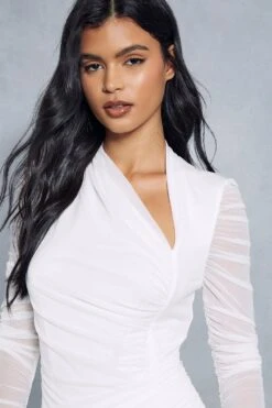 Mesh Ruched Wrap Long Sleeve Dress 9 Mesh Ruched Wrap Long Sleeve Dress -Dress Sales Store ivory mesh ruched wrap long sleeve dress 1