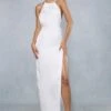 Premium Satin Deep V Back Ruched Halterneck Maxi Dress -Dress Sales Store ivory premium satin deep v back ruched halterneck maxi dress