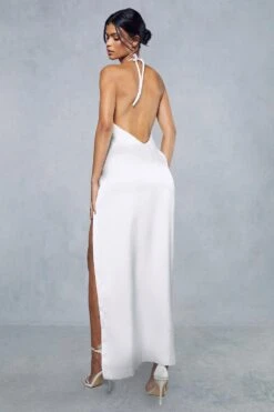 Premium Satin Deep V Back Ruched Halterneck Maxi Dress -Dress Sales Store ivory premium satin deep v back ruched halterneck maxi dress 2