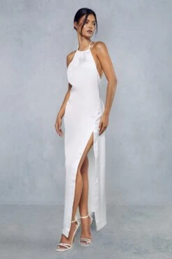 Premium Satin Deep V Back Ruched Halterneck Maxi Dress -Dress Sales Store ivory premium satin deep v back ruched halterneck maxi dress 3