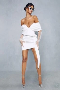 Premium Satin Off Shoulder Draped Corset Mini Dress -Dress Sales Store ivory premium satin off shoulder draped corset mini dress 1 4