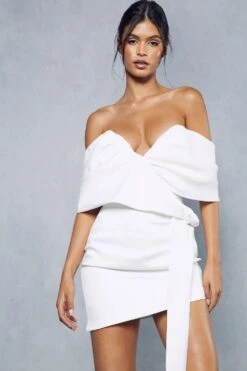 Premium Satin Off Shoulder Draped Corset Mini Dress -Dress Sales Store ivory premium satin off shoulder draped corset mini dress 1 5