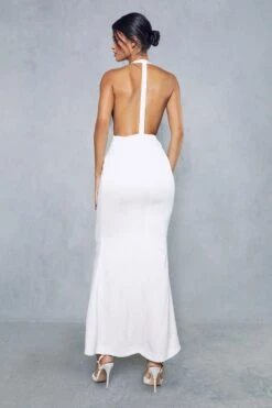 Premium Satin Pleated Halterneck Open Back Maxi Dress -Dress Sales Store ivory premium satin pleated halterneck open back maxi dress 2