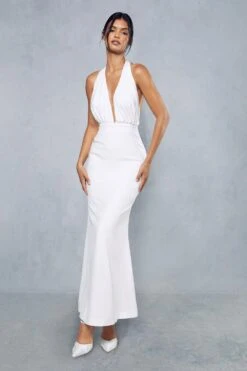 Premium Satin Pleated Halterneck Open Back Maxi Dress -Dress Sales Store ivory premium satin pleated halterneck open back maxi dress 3