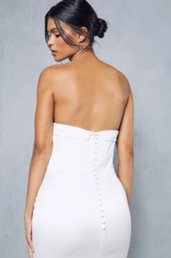 Premium Satin Strapless Corseted Button Detail Gown -Dress Sales Store ivory premium satin strapless corseted button detail gown 1