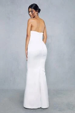 Premium Satin Strapless Corseted Button Detail Gown -Dress Sales Store ivory premium satin strapless corseted button detail gown 2