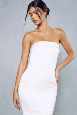 Premium Satin Strapless Corseted Button Detail Gown -Dress Sales Store ivory premium satin strapless corseted button detail gown 4