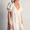 Puff Sleeve Plunge Tiered Smock Dress