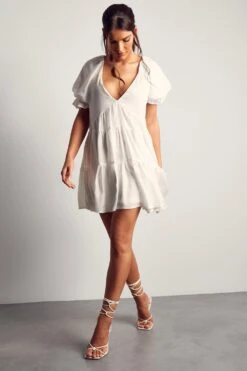 Puff Sleeve Plunge Tiered Smock Dress 10 Puff Sleeve Plunge Tiered Smock Dress -Dress Sales Store ivory puff sleeve plunge tiered smock dress 3