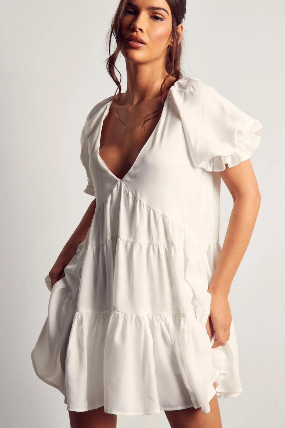 Puff Sleeve Plunge Tiered Smock Dress 7 Puff Sleeve Plunge Tiered Smock Dress - Image 5