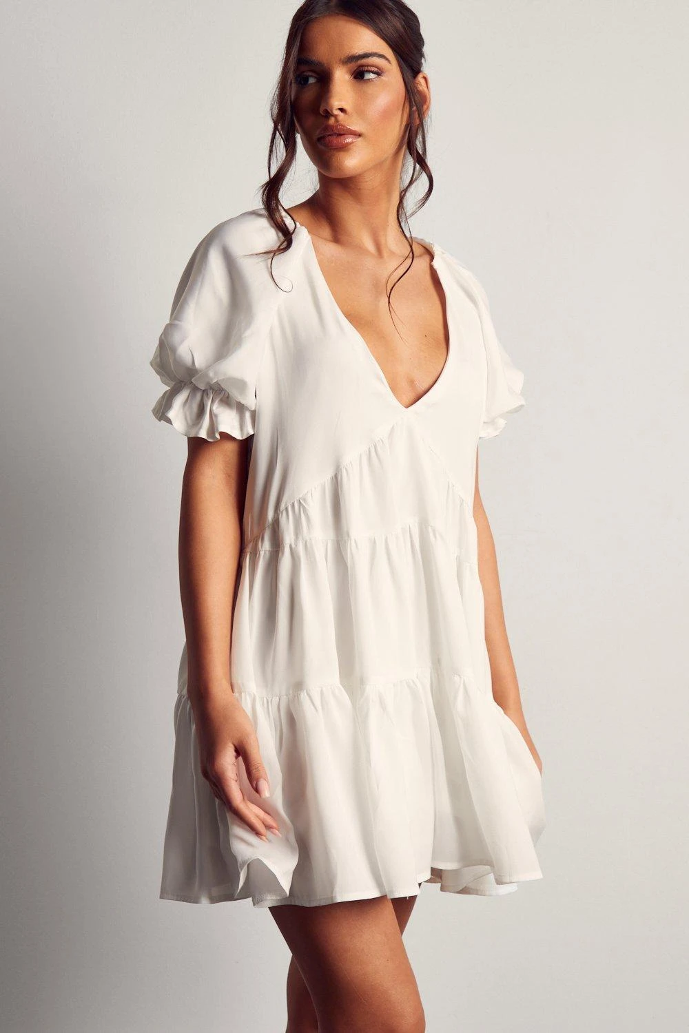 Puff Sleeve Plunge Tiered Smock Dress 3 Puff Sleeve Plunge Tiered Smock Dress