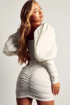 Satin Puff Shoulder Mini Dress -Dress Sales Store ivory satin puff shoulder mini dress 2