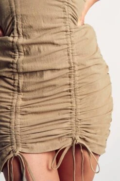 Linen Look Ruched Front Short Sleeve Shirt Dress -Dress Sales Store khaki linen look ruched front short sleeve shirt dress 5