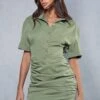 Poplin Short Sleeve Ruched Shirt Dress -Dress Sales Store khaki poplin short sleeve ruched shirt dress