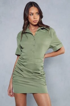 Poplin Short Sleeve Ruched Shirt Dress -Dress Sales Store khaki poplin short sleeve ruched shirt dress 4