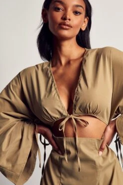 Front Page -Dress Sales Store khaki ruched sleeve strappy shirt dress 1