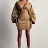 Ruched Sleeve Strappy Shirt Dress 2 Ruched Sleeve Strappy Shirt Dress -Dress Sales Store khaki ruched sleeve strappy shirt dress