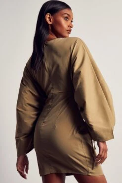 Ruched Sleeve Strappy Shirt Dress -Dress Sales Store khaki ruched sleeve strappy shirt dress 2