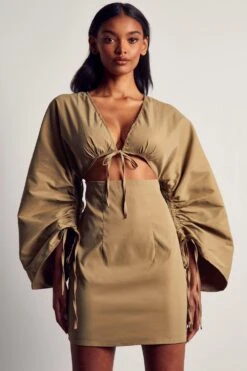 Ruched Sleeve Strappy Shirt Dress -Dress Sales Store khaki ruched sleeve strappy shirt dress 3