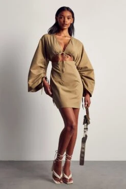 Ruched Sleeve Strappy Shirt Dress -Dress Sales Store khaki ruched sleeve strappy shirt dress 4