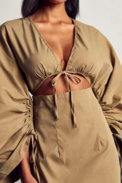 Ruched Sleeve Strappy Shirt Dress -Dress Sales Store khaki ruched sleeve strappy shirt dress 5