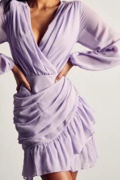 Chiffon Ruched Frill Detail Mini Dress -Dress Sales Store lilac chiffon ruched frill detail mini dress 4