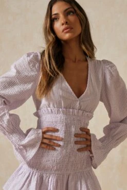 Gingham Shirred Waist Mini Dress -Dress Sales Store lilac gingham shirred waist mini dress 2