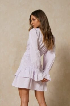 Gingham Shirred Waist Mini Dress -Dress Sales Store lilac gingham shirred waist mini dress 3