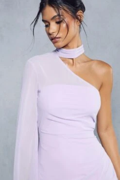 Sheer Overlay Ruched Choker Neck Asymmetric Midi Dress -Dress Sales Store lilac sheer overlay ruched choker neck asymmetric midi dress 2