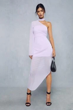 Sheer Overlay Ruched Choker Neck Asymmetric Midi Dress -Dress Sales Store lilac sheer overlay ruched choker neck asymmetric midi dress 4