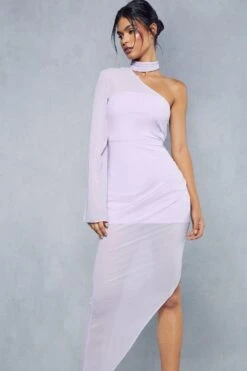 Sheer Overlay Ruched Choker Neck Asymmetric Midi Dress -Dress Sales Store lilac sheer overlay ruched choker neck asymmetric midi dress 5