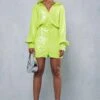 Sequin Deep Cuff Button Through Shirt Dress -Dress Sales Store lime sequin deep cuff button through shirt dress