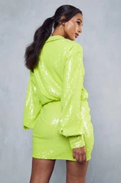 Sequin Deep Cuff Button Through Shirt Dress -Dress Sales Store lime sequin deep cuff button through shirt dress 2