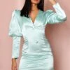 Extreme Puff Shoulder Satin Blazer Dress