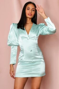 Extreme Puff Shoulder Satin Blazer Dress